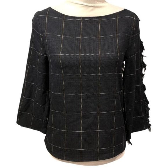 H&M Womens Boatneck Shirt Top with Fringe Navy Yellow Squares 4 Preppy Academia - Picture 1 of 4